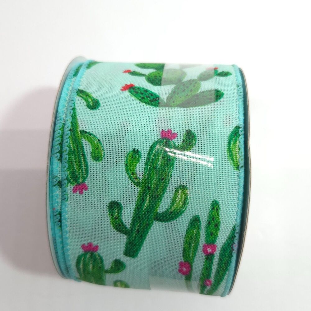 Celebrate It Summerete Cactus Wired Ribbon Teal Green 2.5 in x 25 ft New